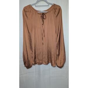 By Together Women's Satin Peasant Blouse Sz‎ L Boho Balloon Sleeve Flowy Autumn